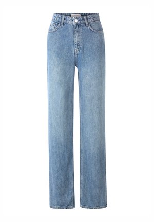 Jeans alta vita di un blu chiaro, realizzati in denim, con un design a gamba dritta, cinque tasche e chiusura con bottone metallico.