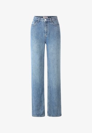 Hellblaue, hochgeschnittene Jeans aus Denim mit geradem Schnitt, fünf Taschen und einem Metallknopfverschluss.