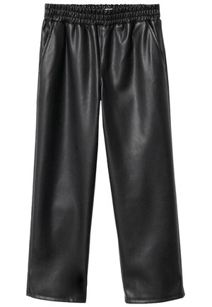 Sorte faux læder bukser med bred ben, elastisk livlinje, side lommer og en glat, skinnende overflade.