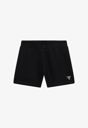 Shorts neri in cotone con vita elasticizzata, dotati di un piccolo logo triangolare metallico in basso a destra e una texture liscia.