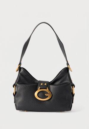 Bolso de mano de cuero negro texturizado con correa corta y gran cierre central con el logo dorado "G", acentos de hardware dorado en los lados.