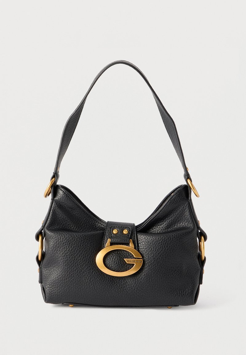 Μαύρο δερμάτινο τσάντα με υφή, με κοντό λουρί και μεγάλο χρυσό κούμπωμα με το γράμμα "G" στο κέντρο, χρυσά διακοσμητικά στοιχεία στα πλαϊνά.