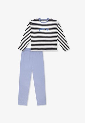 Gestreepte lange mouwen top in zwart en wit met blauwe tekst "DREAM ON", gecombineerd met lichtblauwe pyjamabroek met elastische taille. Zachte katoenen textuur.