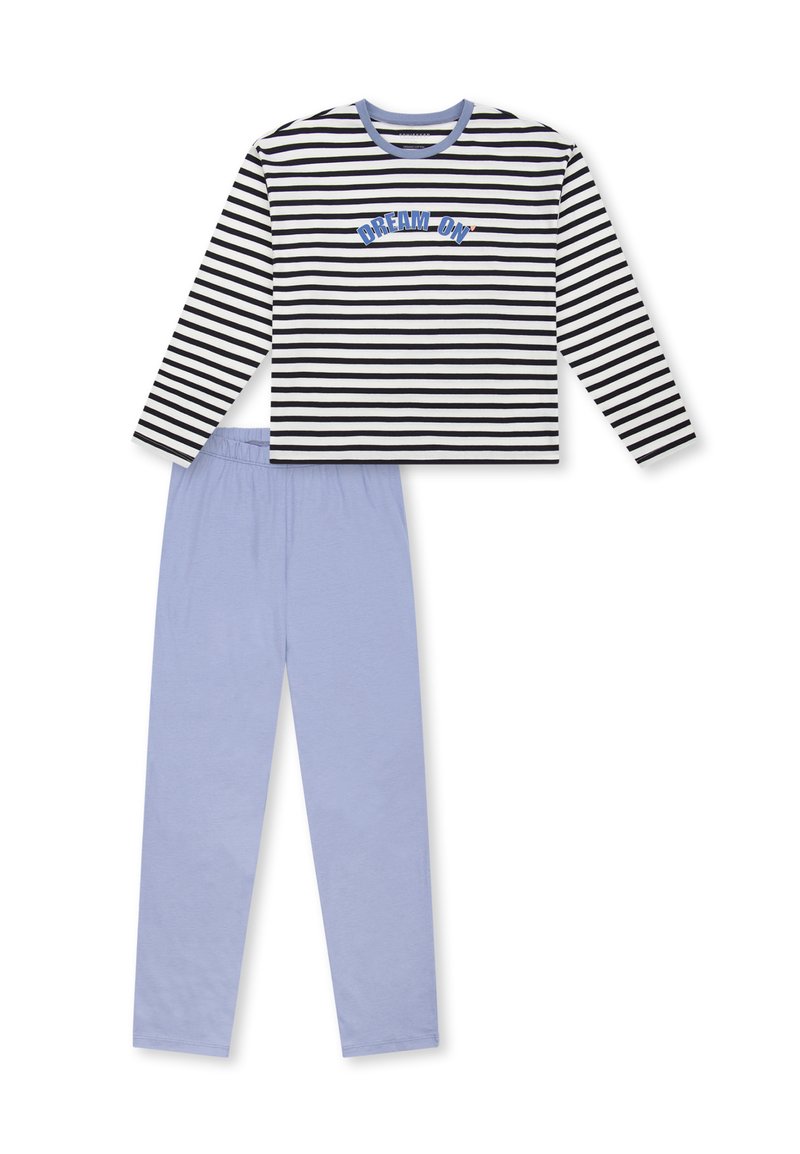 Gestreiftes Langarmoberteil in Schwarz und Weiß mit blauer "DREAM ON"-Aufschrift, kombiniert mit hellblauen Schlafanzughosen mit elastischem Bund. Weicher Baumwollstoff.