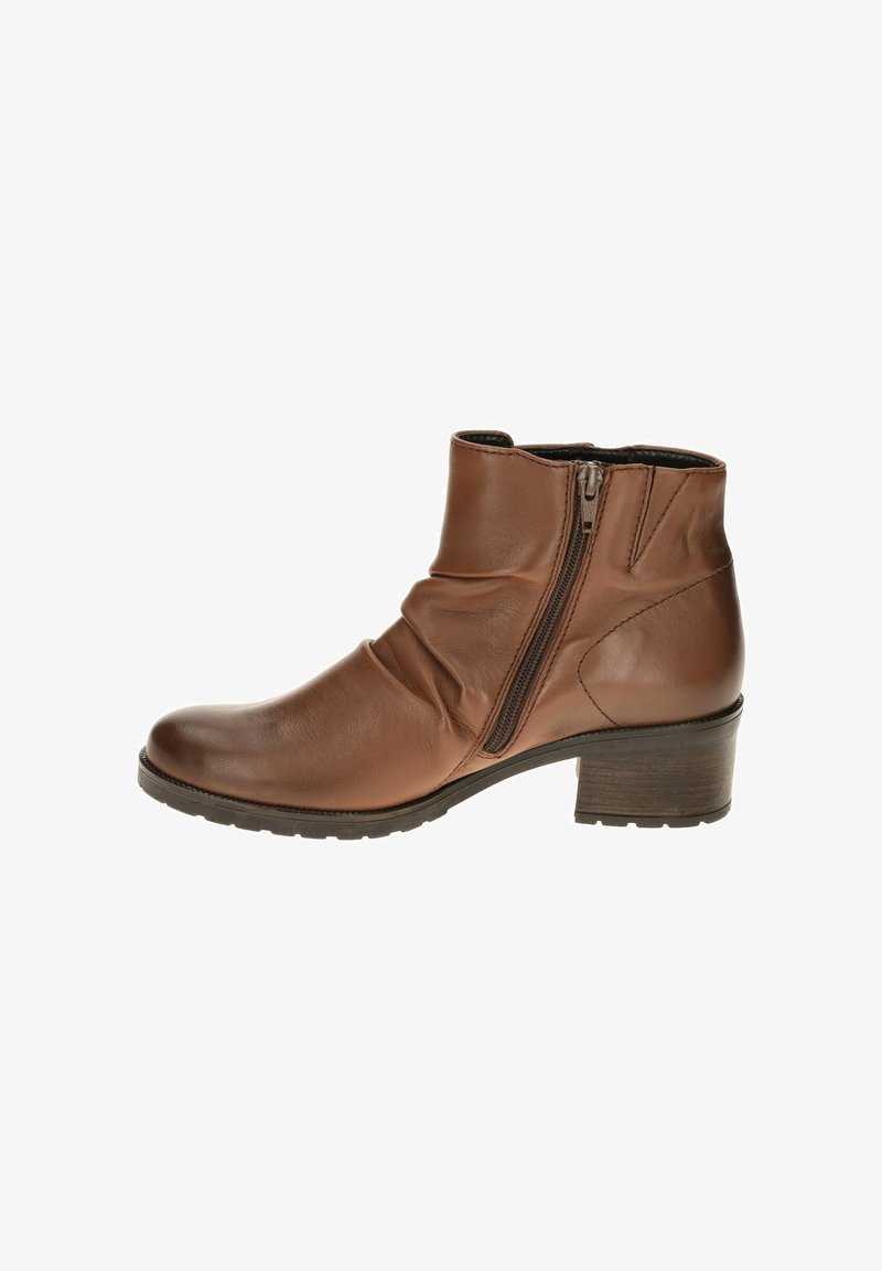 Brown leather ankle boot with a side zipper, slightly gathered design, rounded toe, and a textured heel. Features a sturdy rubber sole.