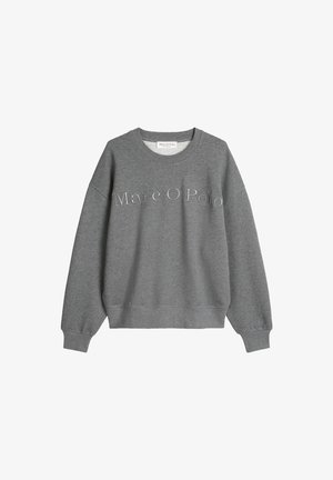 Szara bluza wykonana z miękkiej bawełny, z okrągłym dekoltem, opuszczonymi ramionami, ściągaczami przy mankietach oraz haftowanym logotypem "Marc O’Polo" z przodu.