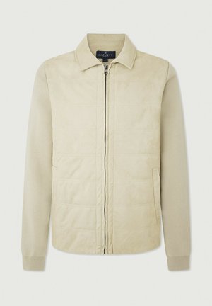 Chaqueta beige con cierre frontal, diseño acolchado en el cuerpo, mangas de punto y cuello con solapa. Incluye bolsillos laterales para almacenamiento.