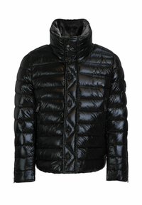 Schwarze Daunenjacke mit glänzender Oberfläche, hochgeschlossenem Kragen, Knopfverschluss, gestepptem Design und Reißverschluss-Taschen an den Seiten.