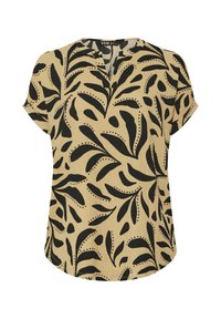 Blusa beige de manga corta con patrones abstractos de hojas negras, escote redondo con un pequeño corte en V y puños enrollados.