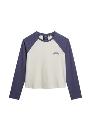 Long-sleeve baseball tee with navy sleeves and cream body, small "Superdry" logo on the left chest.