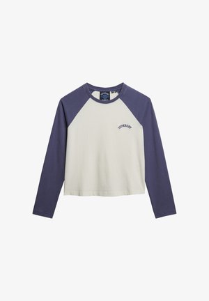 Long-sleeve baseball tee with navy sleeves and cream body, small "Superdry" logo on the left chest.