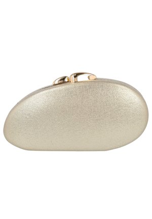 Pequeño bolso de mano con textura dorada, forma ovalada y cierre dorado brillante en la parte superior, sobre un fondo blanco.