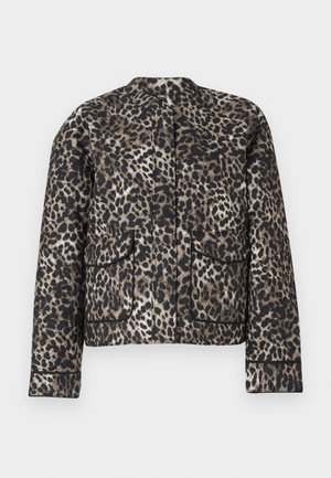 Leopardų rašto striukė rudos ir juodos spalvos atspalviuose. Turi apvalią iškirptę, dvi priekinės kišenes ir kontrastingą apdailą palei kraštus.