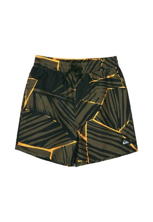 Herren-Badeshorts mit abstrakten Blattmustern in Schwarz und Olivgrün sowie orangefarbenen Akzenten, ausgestattet mit elastischem Bund und Kordelzug.