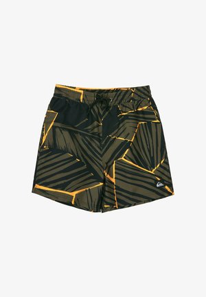 Shorts de bain pour hommes avec des motifs abstraits de feuilles en noir et vert olive, avec des accents orange, dotés d'une taille élastique et d'un cordon de serrage.