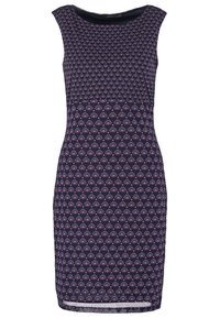 Robe marine à silhouette cintrée, présentant un motif de petites fleurs violettes et roses et un col rond.