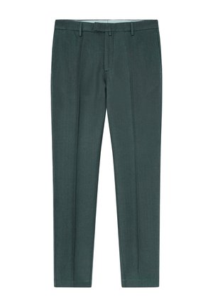 Pantaloni su misura verde scuro realizzati in tessuto liscio, con vita piatta, passanti per la cintura e un design a gamba diritta. Senza motivi o dettagli visibili.