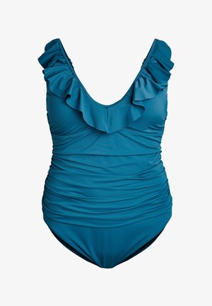 Tirkīzzils viens gabals peldkostīms ar volānu rotātu izgriezumu, mīkstu audumu, savilktām sānu malām rakstura radīšanai un klasisku griezumu. Redzama – nav neviena metāla elementa vai raksta.