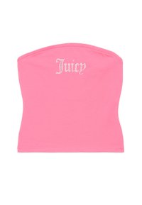 Pink strapless top made of soft cotton, featuring a curved neckline and "Juicy" text embellished with rhinestones on the front.