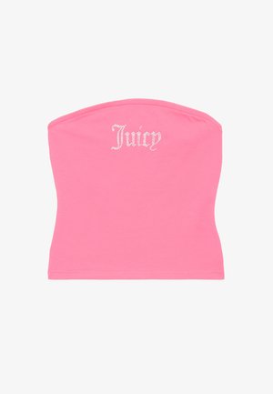 Roze strapless top van zachte katoen, met een gebogen halslijn en 'Juicy' tekst versierd met rhinestones aan de voorkant.