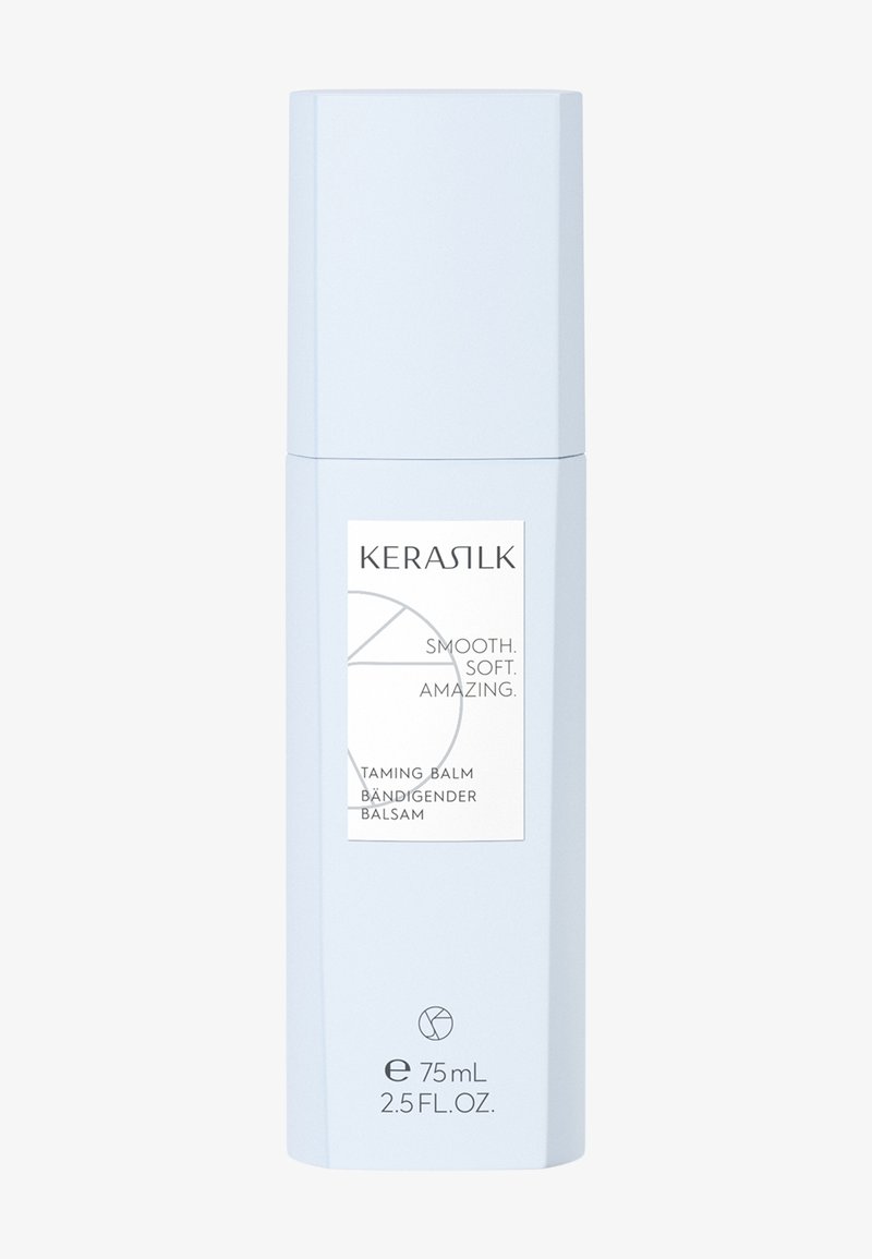 Kerasilk taming balm bottle, light blue with label stating "Smooth. Soft. Amazing." and 75 mL (2.5 fl. oz.) capacity.
