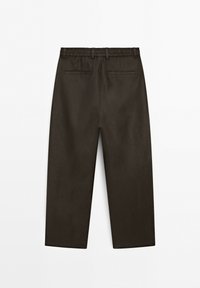 Dark brown wide-leg pants with elastic waistband and two back welt pockets on a white background.