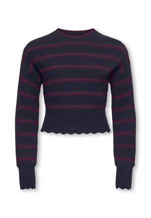 Pull cropped marine avec des rayures horizontales bordeaux, un motif en rib en relief, et un ourlet et des poignets à volants. Manches longues.
