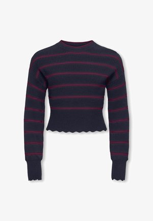 Suéter navy corto con rayas horizontales burdeos, patrón de ribete texturizado, y dobladillo y puños de manga con ondas. Mangas largas.
