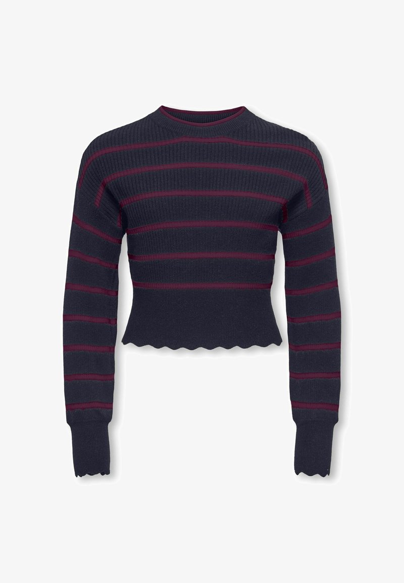 Námořnický zkrácený svetr s vínovými vodorovnými pruhy, texturovaným žebrovaným vzorem a vroubkovaným lemem a manžetami. Dlouhé rukávy.
