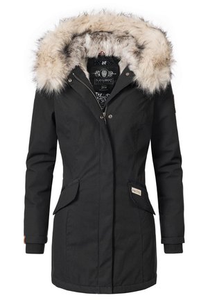 Giacca parka nera con cappuccio foderato in pelliccia sintetica, dotata di due tasche frontali, chiusura a zip e polsini a costine per un calore extra.