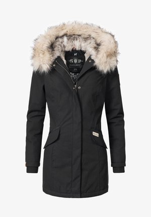 Czarna parka z kapturem wyłożonym sztucznym futrem, z dwoma przednimi kieszeniami, zamkiem błyskawicznym oraz ściągaczami przy mankietach dla dodatkowego ciepła.