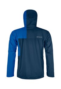 Blaue und marineblaue wasserdichte Jacke mit Kapuze. Verfügt über ein kontrastierendes Design, Reißverschlusstaschen und das "ORTOVOX"-Logo auf dem Rücken.