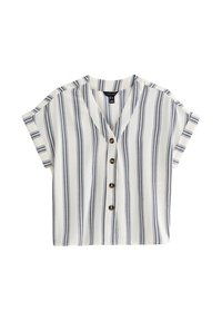 Blouse à manches courtes avec boutons, blanche à rayures verticales bleu marine. Tissu léger, col en V, cinq boutons sur le devant.