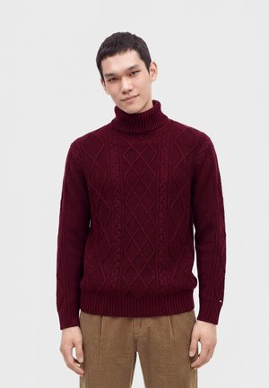 Jeune homme portant un pull à col roulé bordeaux en maille torsadée et un pantalon en velours côtelé marron clair, debout devant un fond uni.