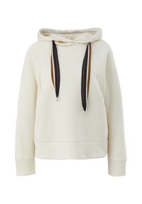 Hoodie w kolorze kremowym wykonany z miękkiego materiału, z kapturem na sznurku w brązowe i czarne paski oraz ściągaczami na rękawach i u dołu.