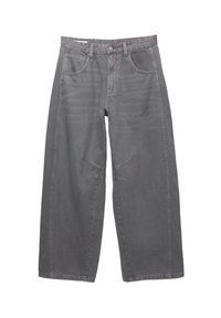 Graue Denim-Hosen mit weitem Bein und hoher Taille, fünf Taschen und kontrastierender Naht an der Vorderseite für zusätzliche Details. Glatte Textur.
