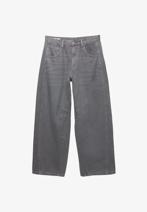 Gray denim wide-leg pants with a high waist, five pockets, and contrasting stitching on the front for added detail. Smooth texture.
