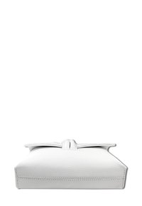 White leather handbag with a textured finish, featuring a flat shape and subtle top bow detail. Stitched edges provide sturdy construction.