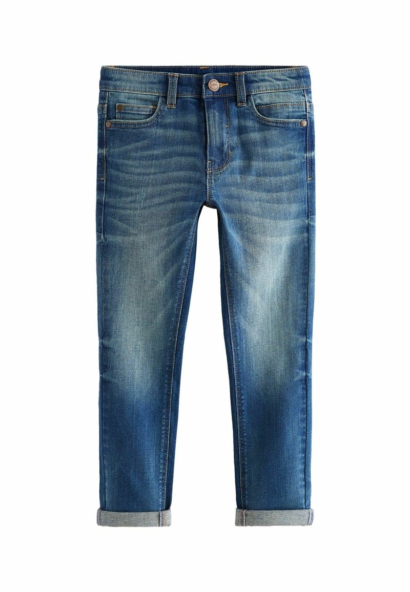 Jean en denim bleu avec effet délavé, revers roulés, fermeture à bouton et zip à l'avant, conception à cinq poches.