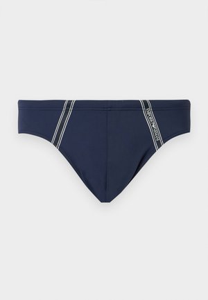 Marineblaue Herren-Badehose mit weißen Seitenstreifen und "Emporio Armani"-Logo auf der rechten Seite.