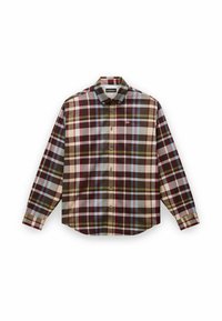 Camicia a maniche lunghe con bottoni, caratterizzata da un motivo a quadri nei colori marrone, rosso, blu, verde e bianco, con un piccolo logo a bandiera sul lato sinistro del petto.