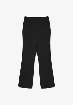 Mustad kohandatud ametlikud püksid keskmise tõusuga vöökoha, sirgete jalgadega ja peidetud esiseibiga, laotatud tasasele valgele taustale.