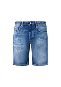 Shorts de mezclilla en azul claro con un aspecto desgastado. Presenta bolsillos, trabillas para el cinturón y un ligero desgaste. Diseño clásico de corte recto.