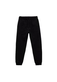 Sorte sweatpants lavet af blødt stof, med en snøre i taljen, to sidelommer og ribkanter ved anklerne.