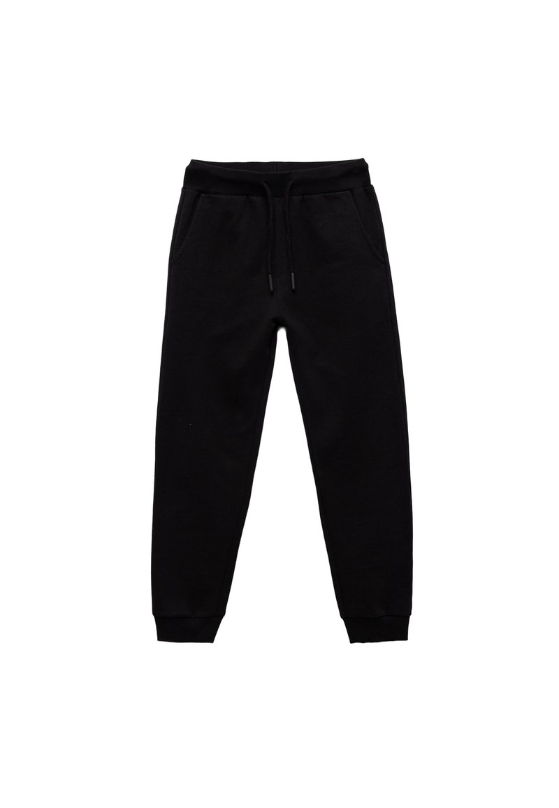 Sorte sweatpants lavet af blødt stof, med en snøre i taljen, to sidelommer og ribkanter ved anklerne.