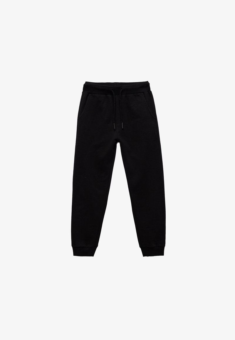 Schwarze Jogginghose aus weichem Material, mit einem Tunnelzugbund, zwei Seitentaschen und gerippten Bündchen an den Knöcheln.