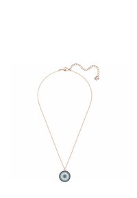 Halskette aus Roségold mit rundem, blau gemustertem Anhänger. Die Kette verfügt über eine verstellbare Länge und einen Verschluss.