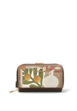 Kompaktowy portfel na zamek z botanicznym wzorem w zielonych, złotych i brązowych tonach, z złotym logo "Anekke" na froncie.