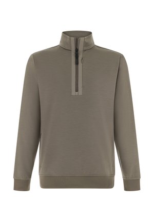 Pullover olive verde con mezza cerniera realizzato in tessuto morbido e dalla texture pronunciata. Caratterizzato da un collo alto e polsini elastici, con un design minimalista.