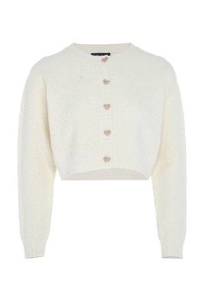 Kort crèmegekleurde cardigan met lange mouwen en vijf decoratieve hartvormige knopen aan de voorkant.